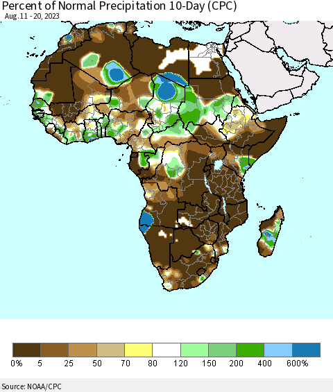 Africa Percent of Normal Precipitation 10-Day (CPC) Thematic Map For 8/11/2023 - 8/20/2023