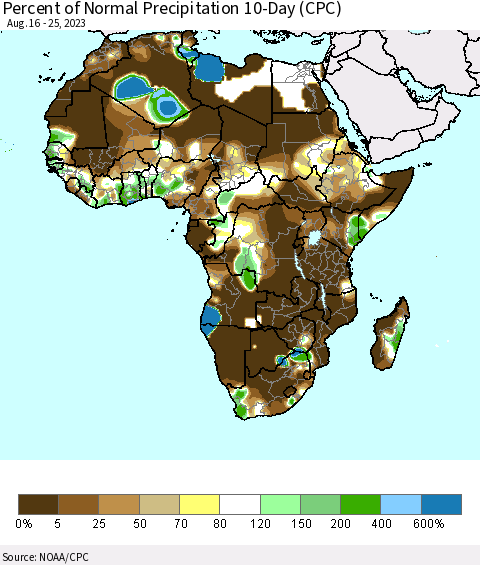 Africa Percent of Normal Precipitation 10-Day (CPC) Thematic Map For 8/16/2023 - 8/25/2023