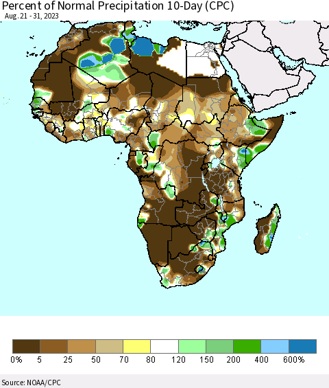 Africa Percent of Normal Precipitation 10-Day (CPC) Thematic Map For 8/21/2023 - 8/31/2023