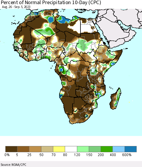 Africa Percent of Normal Precipitation 10-Day (CPC) Thematic Map For 8/26/2023 - 9/5/2023