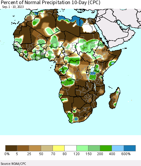 Africa Percent of Normal Precipitation 10-Day (CPC) Thematic Map For 9/1/2023 - 9/10/2023