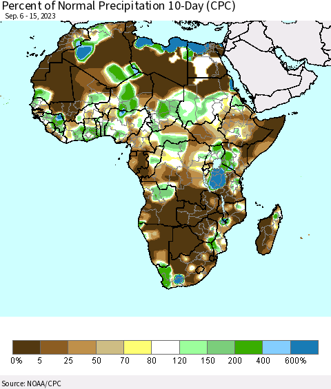 Africa Percent of Normal Precipitation 10-Day (CPC) Thematic Map For 9/6/2023 - 9/15/2023