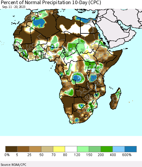 Africa Percent of Normal Precipitation 10-Day (CPC) Thematic Map For 9/11/2023 - 9/20/2023