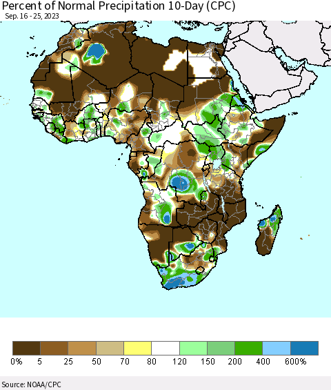 Africa Percent of Normal Precipitation 10-Day (CPC) Thematic Map For 9/16/2023 - 9/25/2023