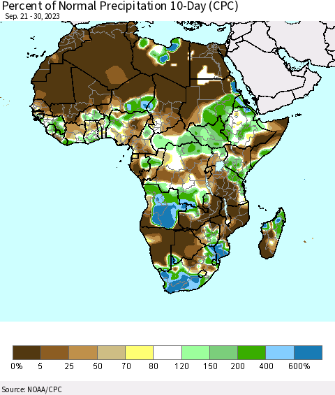 Africa Percent of Normal Precipitation 10-Day (CPC) Thematic Map For 9/21/2023 - 9/30/2023
