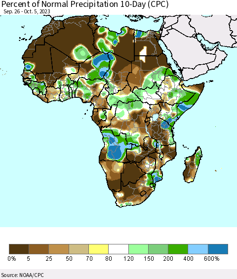 Africa Percent of Normal Precipitation 10-Day (CPC) Thematic Map For 9/26/2023 - 10/5/2023
