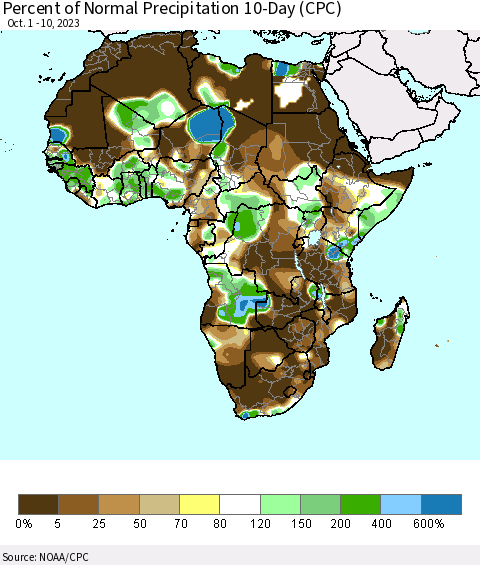 Africa Percent of Normal Precipitation 10-Day (CPC) Thematic Map For 10/1/2023 - 10/10/2023