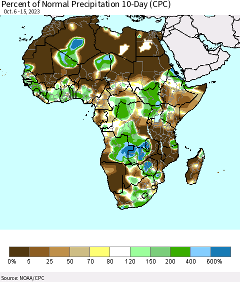 Africa Percent of Normal Precipitation 10-Day (CPC) Thematic Map For 10/6/2023 - 10/15/2023
