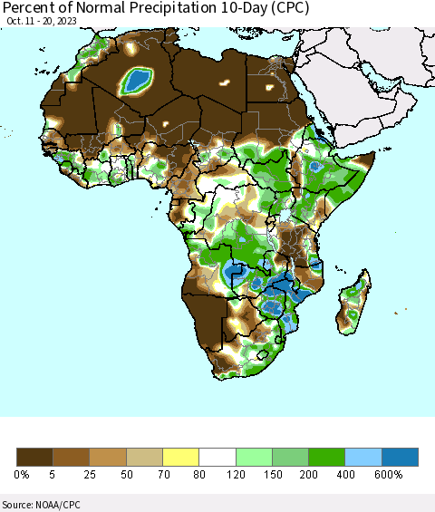 Africa Percent of Normal Precipitation 10-Day (CPC) Thematic Map For 10/11/2023 - 10/20/2023