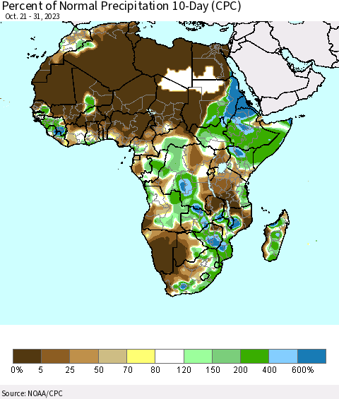 Africa Percent of Normal Precipitation 10-Day (CPC) Thematic Map For 10/21/2023 - 10/31/2023