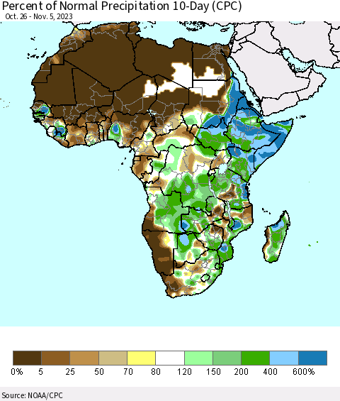Africa Percent of Normal Precipitation 10-Day (CPC) Thematic Map For 10/26/2023 - 11/5/2023