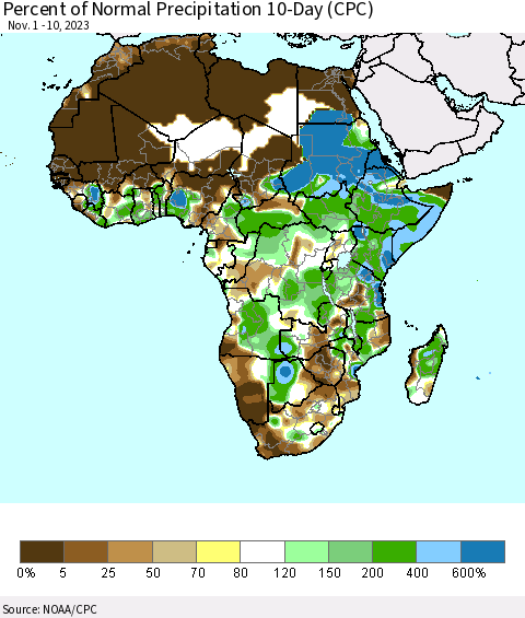 Africa Percent of Normal Precipitation 10-Day (CPC) Thematic Map For 11/1/2023 - 11/10/2023