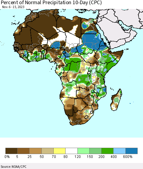 Africa Percent of Normal Precipitation 10-Day (CPC) Thematic Map For 11/6/2023 - 11/15/2023