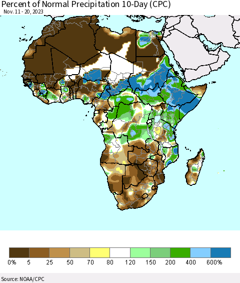 Africa Percent of Normal Precipitation 10-Day (CPC) Thematic Map For 11/11/2023 - 11/20/2023