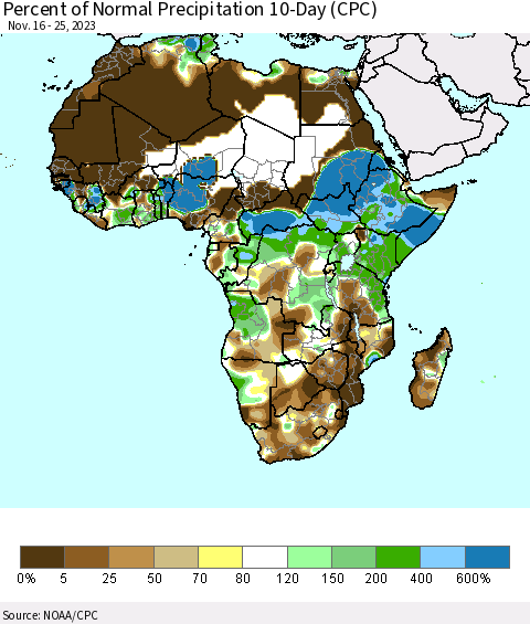 Africa Percent of Normal Precipitation 10-Day (CPC) Thematic Map For 11/16/2023 - 11/25/2023