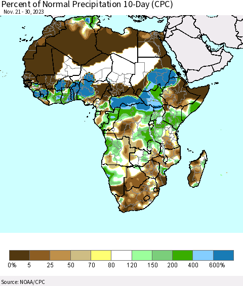 Africa Percent of Normal Precipitation 10-Day (CPC) Thematic Map For 11/21/2023 - 11/30/2023