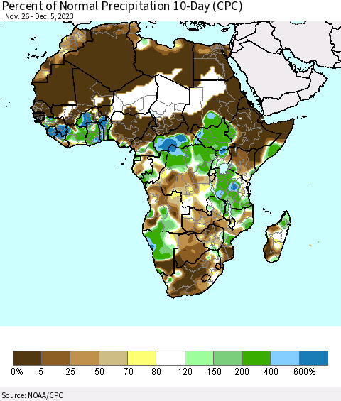 Africa Percent of Normal Precipitation 10-Day (CPC) Thematic Map For 11/26/2023 - 12/5/2023
