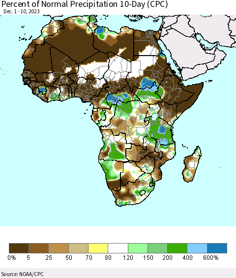 Africa Percent of Normal Precipitation 10-Day (CPC) Thematic Map For 12/1/2023 - 12/10/2023