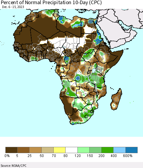Africa Percent of Normal Precipitation 10-Day (CPC) Thematic Map For 12/6/2023 - 12/15/2023