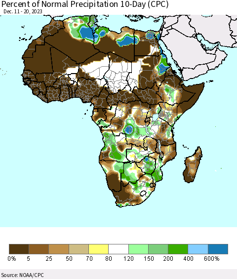 Africa Percent of Normal Precipitation 10-Day (CPC) Thematic Map For 12/11/2023 - 12/20/2023