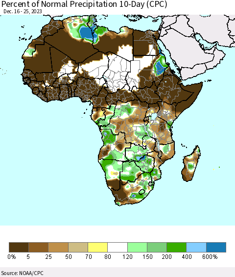 Africa Percent of Normal Precipitation 10-Day (CPC) Thematic Map For 12/16/2023 - 12/25/2023