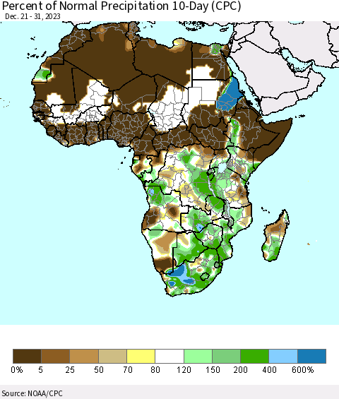 Africa Percent of Normal Precipitation 10-Day (CPC) Thematic Map For 12/21/2023 - 12/31/2023