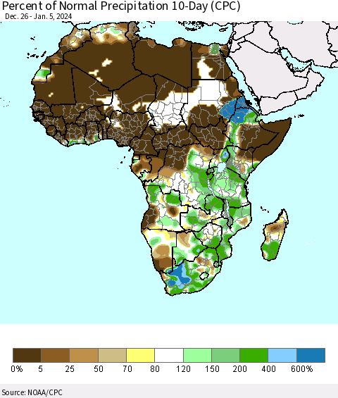 Africa Percent of Normal Precipitation 10-Day (CPC) Thematic Map For 12/26/2023 - 1/5/2024
