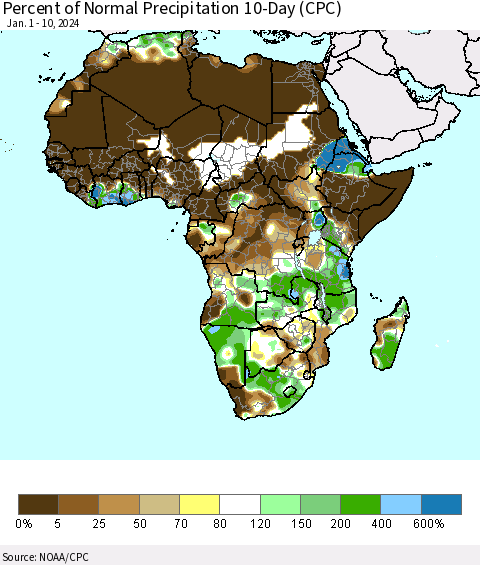 Africa Percent of Normal Precipitation 10-Day (CPC) Thematic Map For 1/1/2024 - 1/10/2024