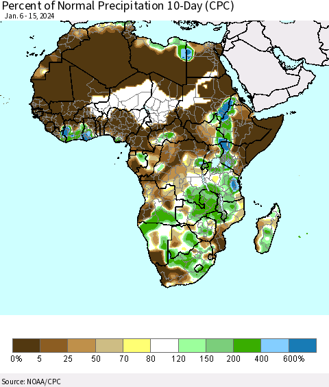 Africa Percent of Normal Precipitation 10-Day (CPC) Thematic Map For 1/6/2024 - 1/15/2024
