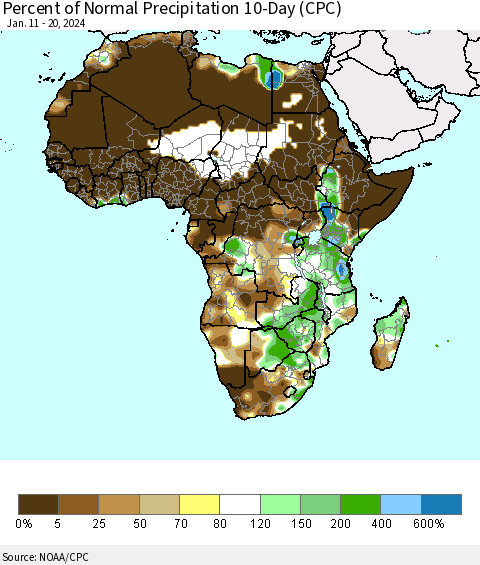 Africa Percent of Normal Precipitation 10-Day (CPC) Thematic Map For 1/11/2024 - 1/20/2024