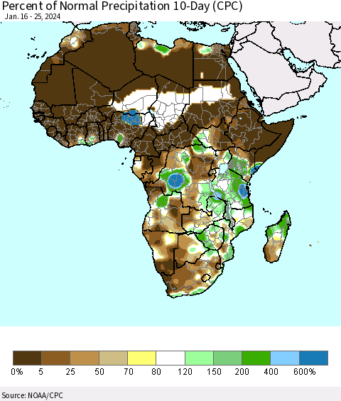 Africa Percent of Normal Precipitation 10-Day (CPC) Thematic Map For 1/16/2024 - 1/25/2024