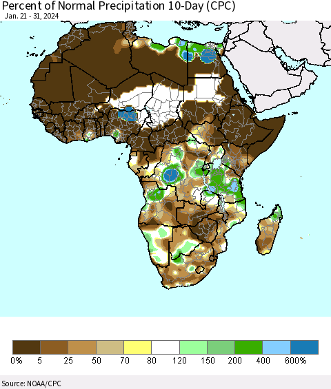 Africa Percent of Normal Precipitation 10-Day (CPC) Thematic Map For 1/21/2024 - 1/31/2024