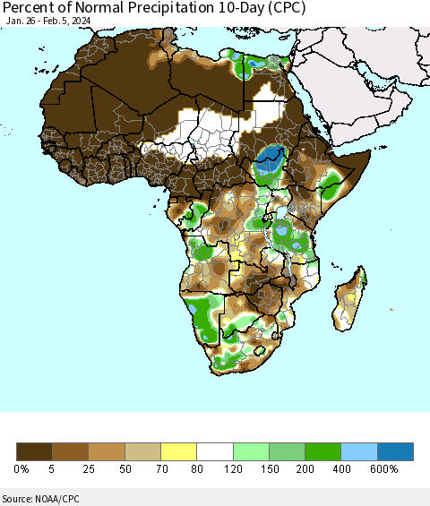 Africa Percent of Normal Precipitation 10-Day (CPC) Thematic Map For 1/26/2024 - 2/5/2024