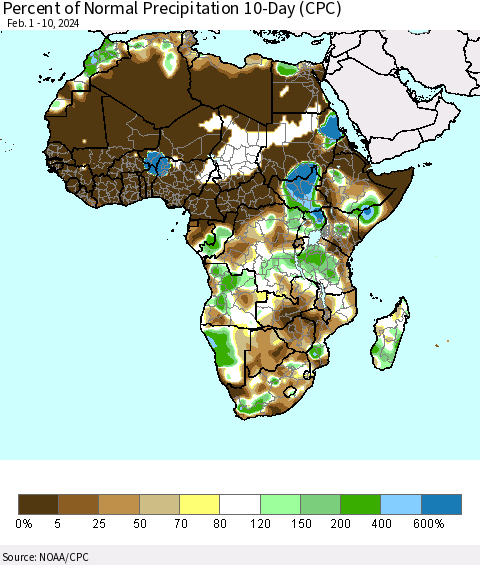 Africa Percent of Normal Precipitation 10-Day (CPC) Thematic Map For 2/1/2024 - 2/10/2024