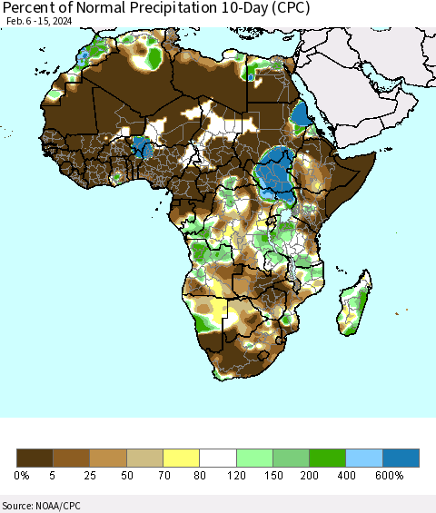 Africa Percent of Normal Precipitation 10-Day (CPC) Thematic Map For 2/6/2024 - 2/15/2024