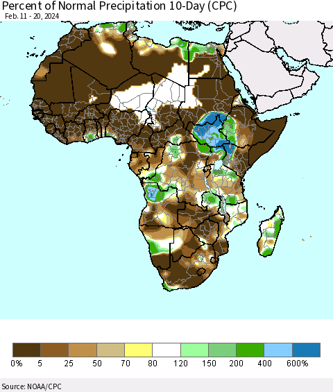 Africa Percent of Normal Precipitation 10-Day (CPC) Thematic Map For 2/11/2024 - 2/20/2024