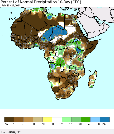 Africa Percent of Normal Precipitation 10-Day (CPC) Thematic Map For 2/16/2024 - 2/25/2024