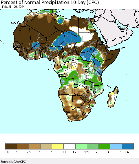 Africa Percent of Normal Precipitation 10-Day (CPC) Thematic Map For 2/21/2024 - 2/29/2024