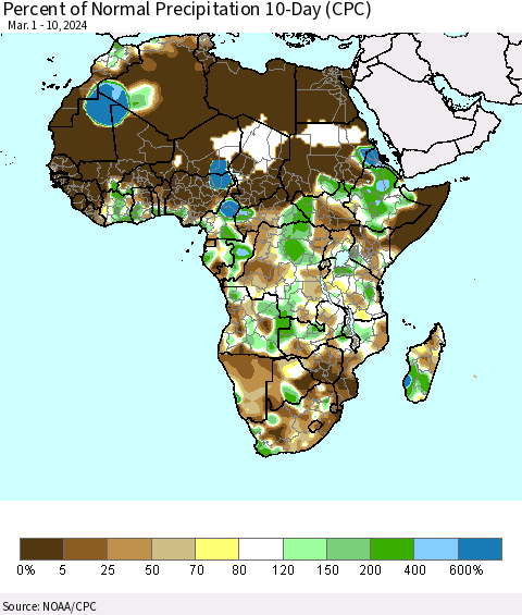 Africa Percent of Normal Precipitation 10-Day (CPC) Thematic Map For 3/1/2024 - 3/10/2024