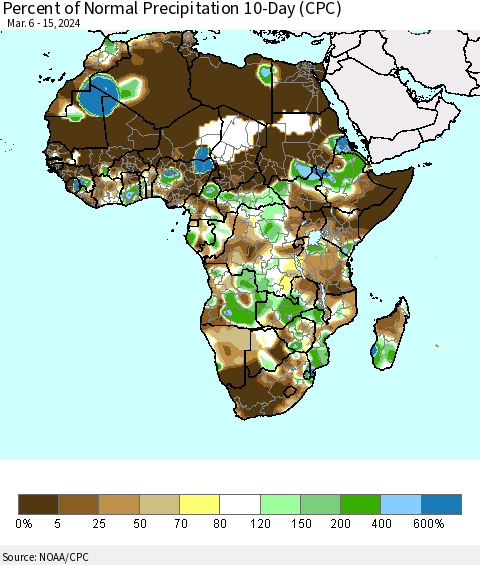 Africa Percent of Normal Precipitation 10-Day (CPC) Thematic Map For 3/6/2024 - 3/15/2024