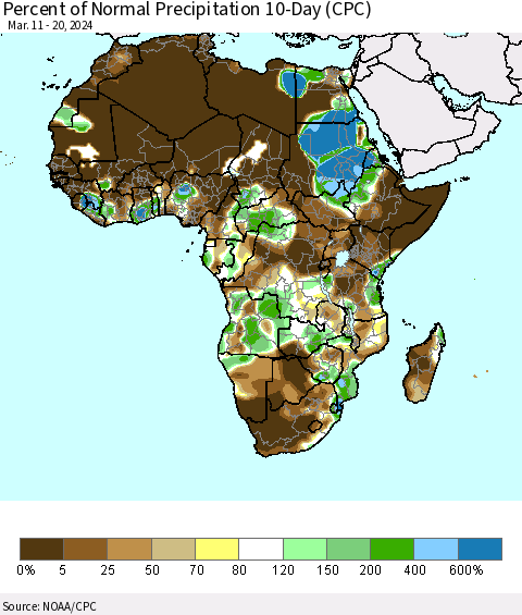 Africa Percent of Normal Precipitation 10-Day (CPC) Thematic Map For 3/11/2024 - 3/20/2024