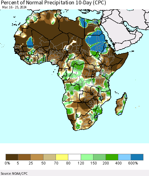Africa Percent of Normal Precipitation 10-Day (CPC) Thematic Map For 3/16/2024 - 3/25/2024