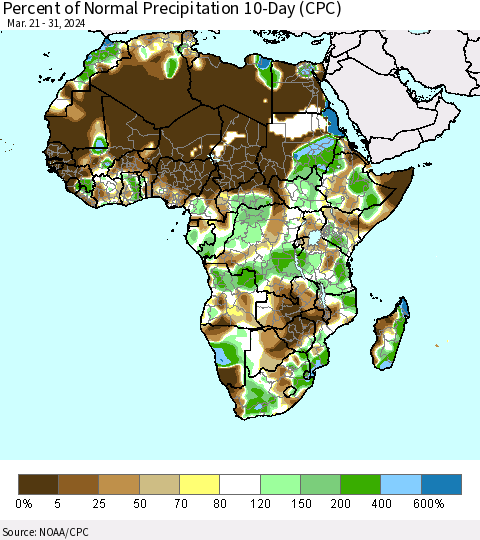 Africa Percent of Normal Precipitation 10-Day (CPC) Thematic Map For 3/21/2024 - 3/31/2024