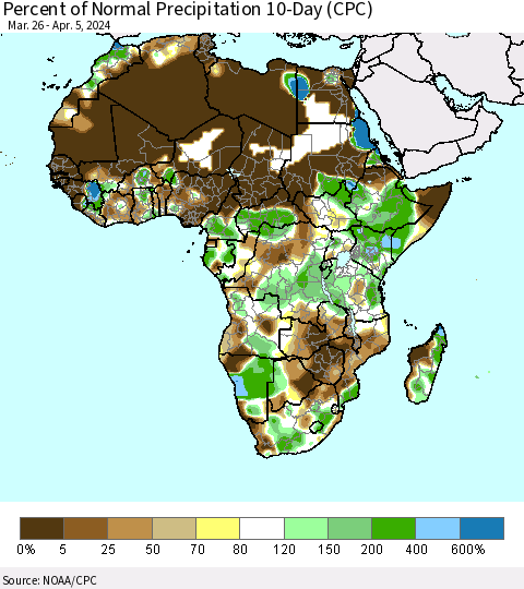 Africa Percent of Normal Precipitation 10-Day (CPC) Thematic Map For 3/26/2024 - 4/5/2024