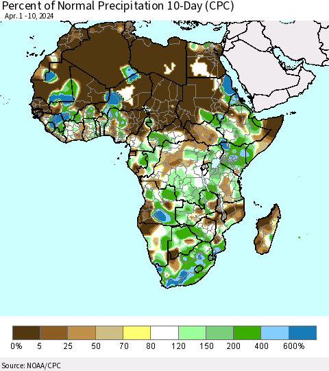Africa Percent of Normal Precipitation 10-Day (CPC) Thematic Map For 4/1/2024 - 4/10/2024