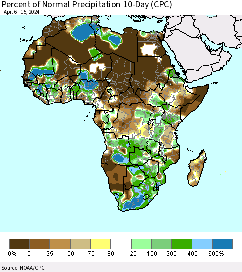 Africa Percent of Normal Precipitation 10-Day (CPC) Thematic Map For 4/6/2024 - 4/15/2024