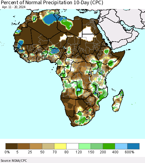Africa Percent of Normal Precipitation 10-Day (CPC) Thematic Map For 4/11/2024 - 4/20/2024