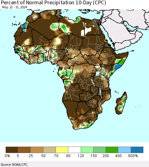 Africa Percent of Normal Precipitation 10-Day (CPC) Thematic Map For 5/21/2024 - 5/31/2024