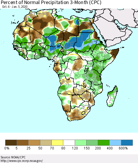 Africa Percent of Normal Precipitation 3-Month (CPC) Thematic Map For 10/6/2019 - 1/5/2020