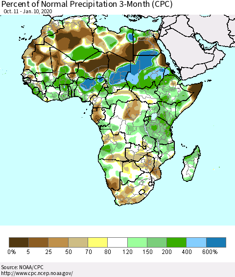 Africa Percent of Normal Precipitation 3-Month (CPC) Thematic Map For 10/11/2019 - 1/10/2020